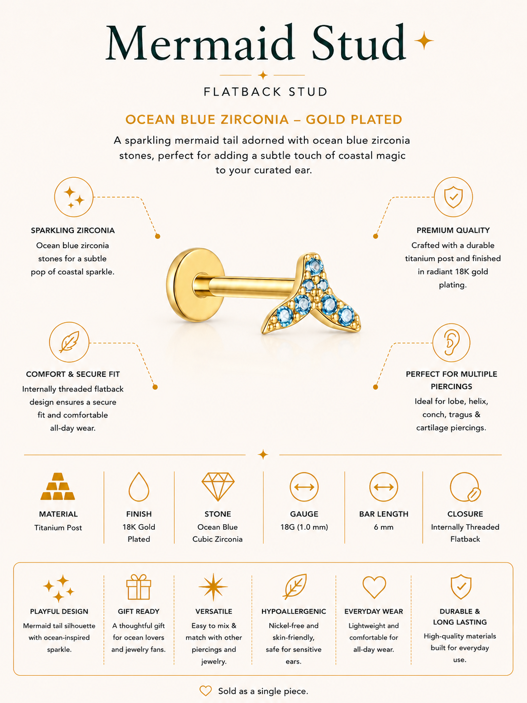 Mermaid Stud  – Gold Plated Titanium