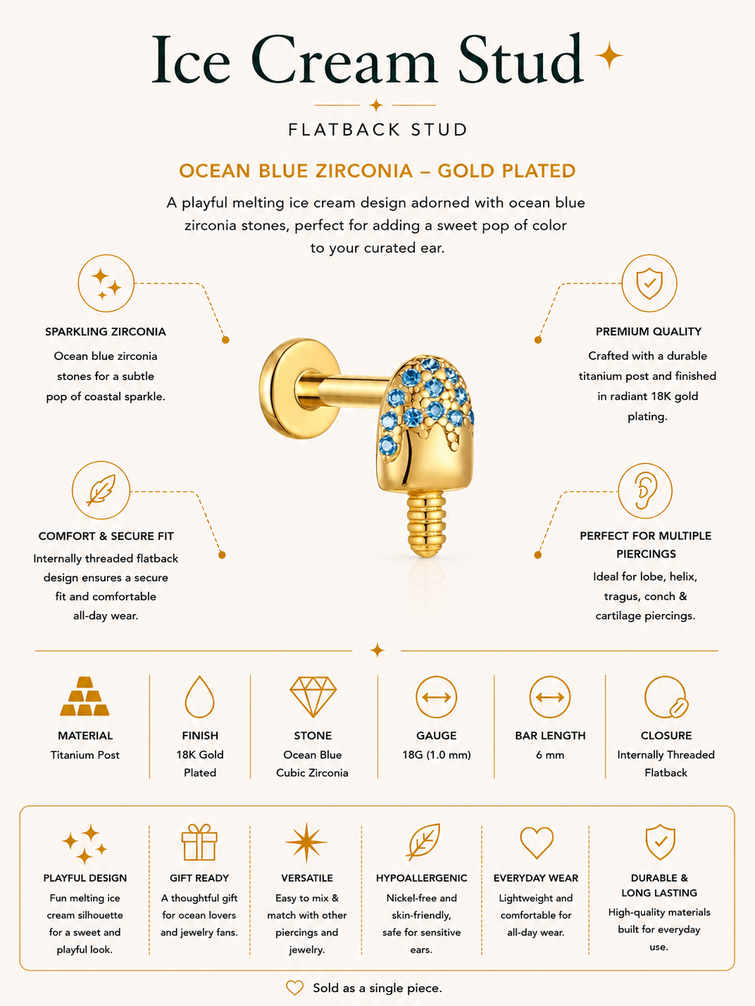 The Ice Cream Stud Flatback – Gold Plated Titanium