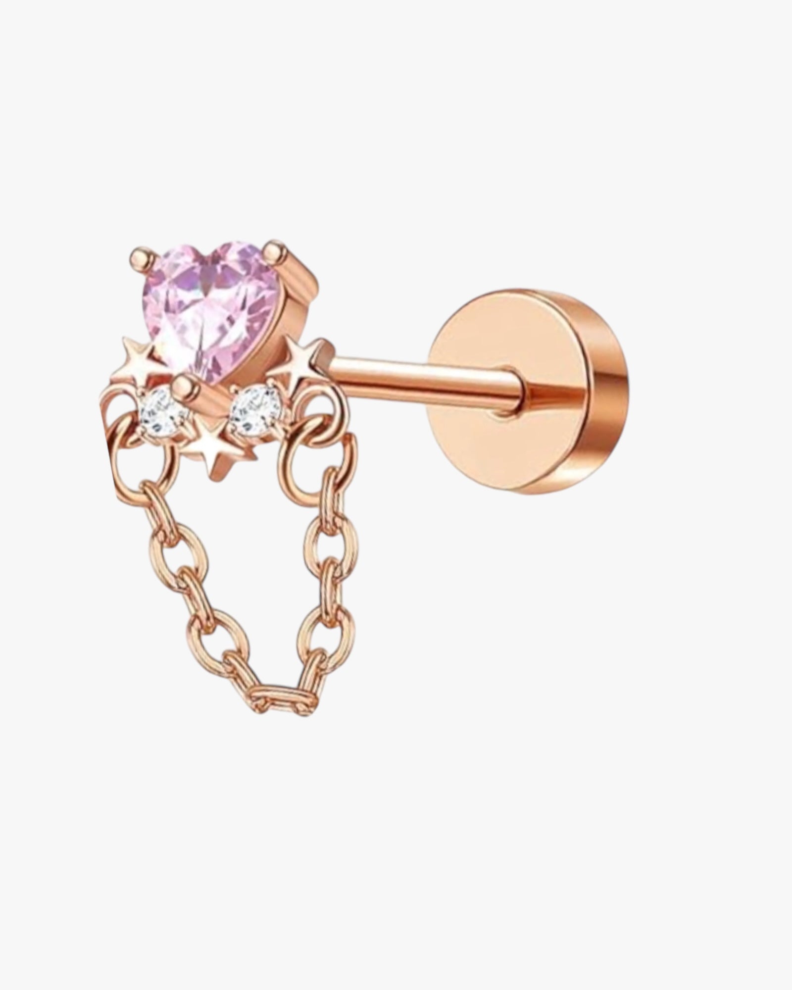 A rose gold stud earring with a chain-like design and a central pink crystal.