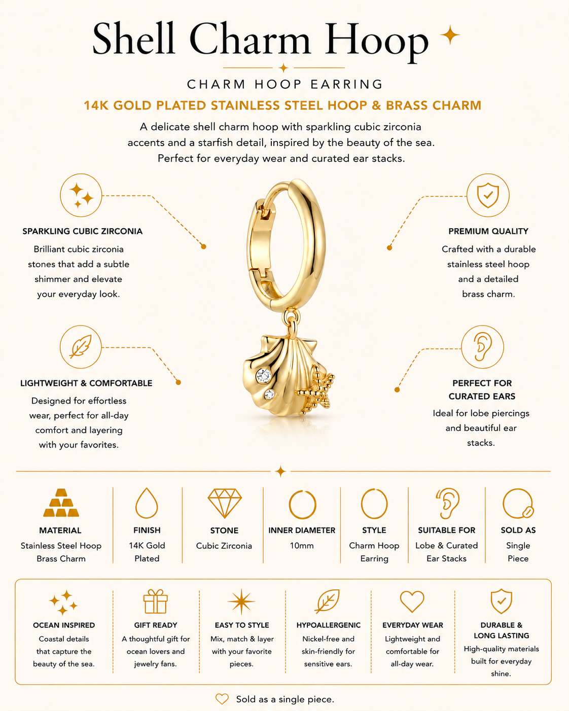 Shell Charm Hoop – 14K Gold Plated Stainless Steel Hoop & Brass Charm