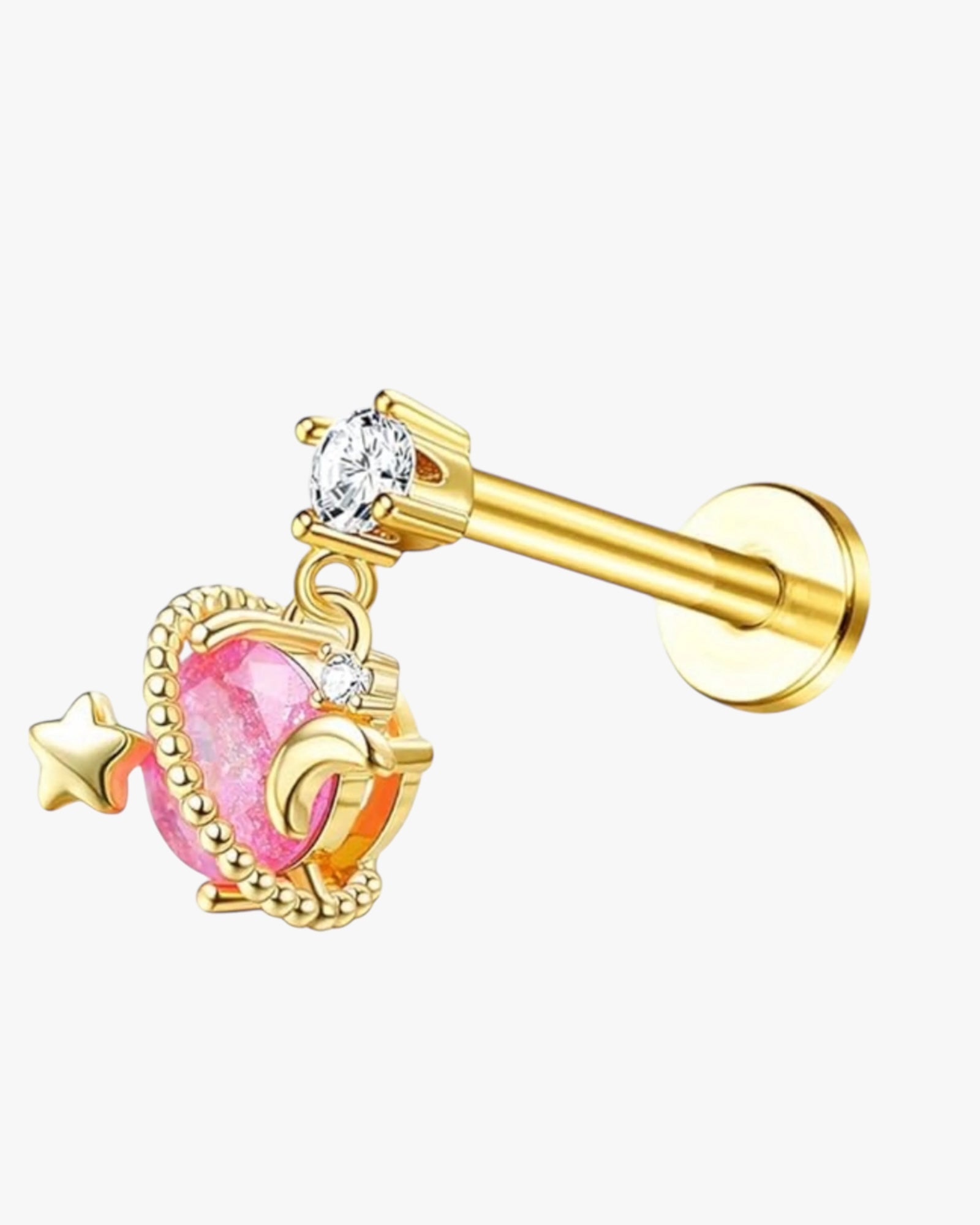 A single gold-colored stud earring with a white zirconia centerpiece and smaller red zirconia accents around the top edge.