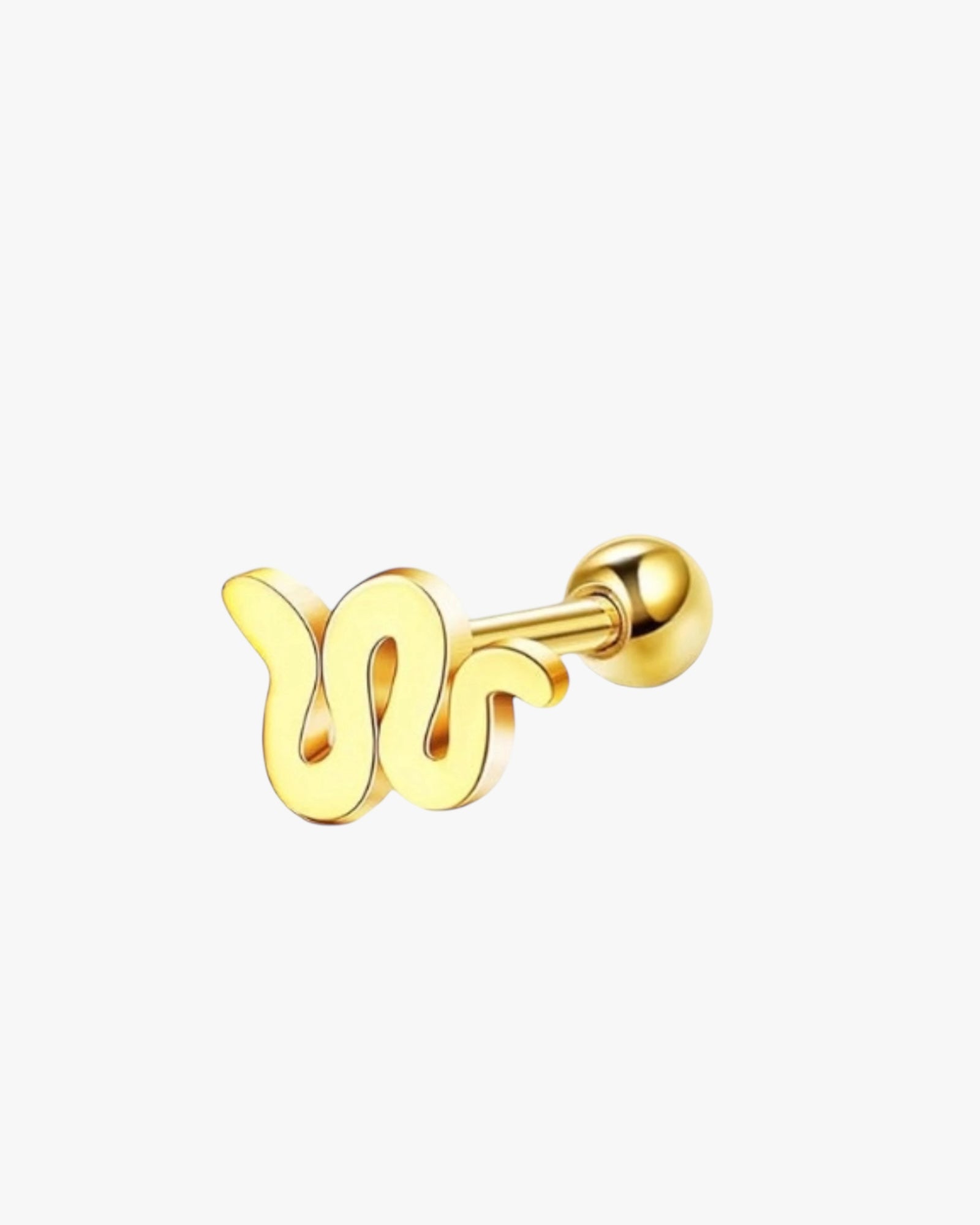 A gold-colored stainless steel small snake body jewelry with a hoop shape and a small bell-shaped attachment on top.