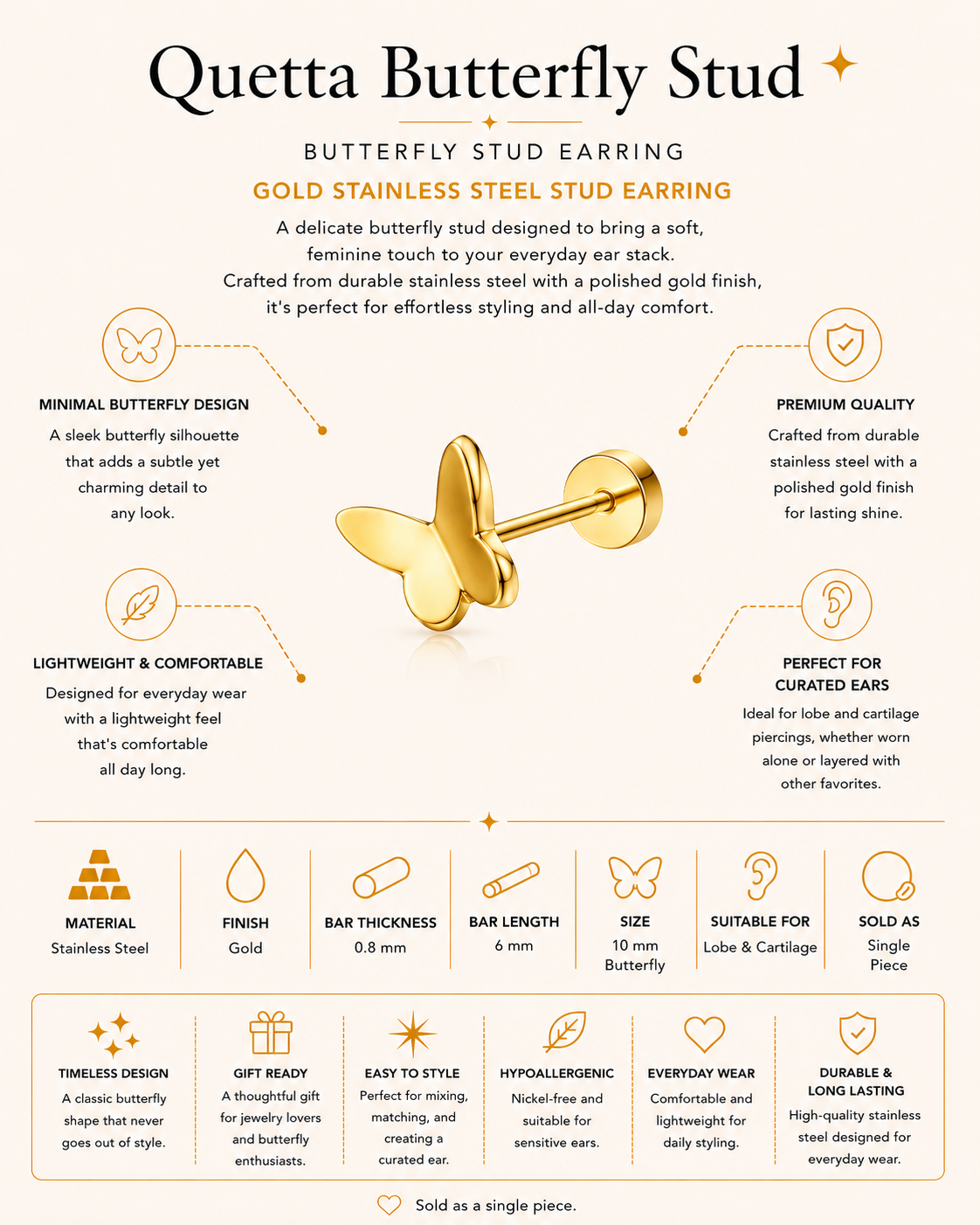 Gold Stainless Steel Butterfly Stud Earring – Quetta