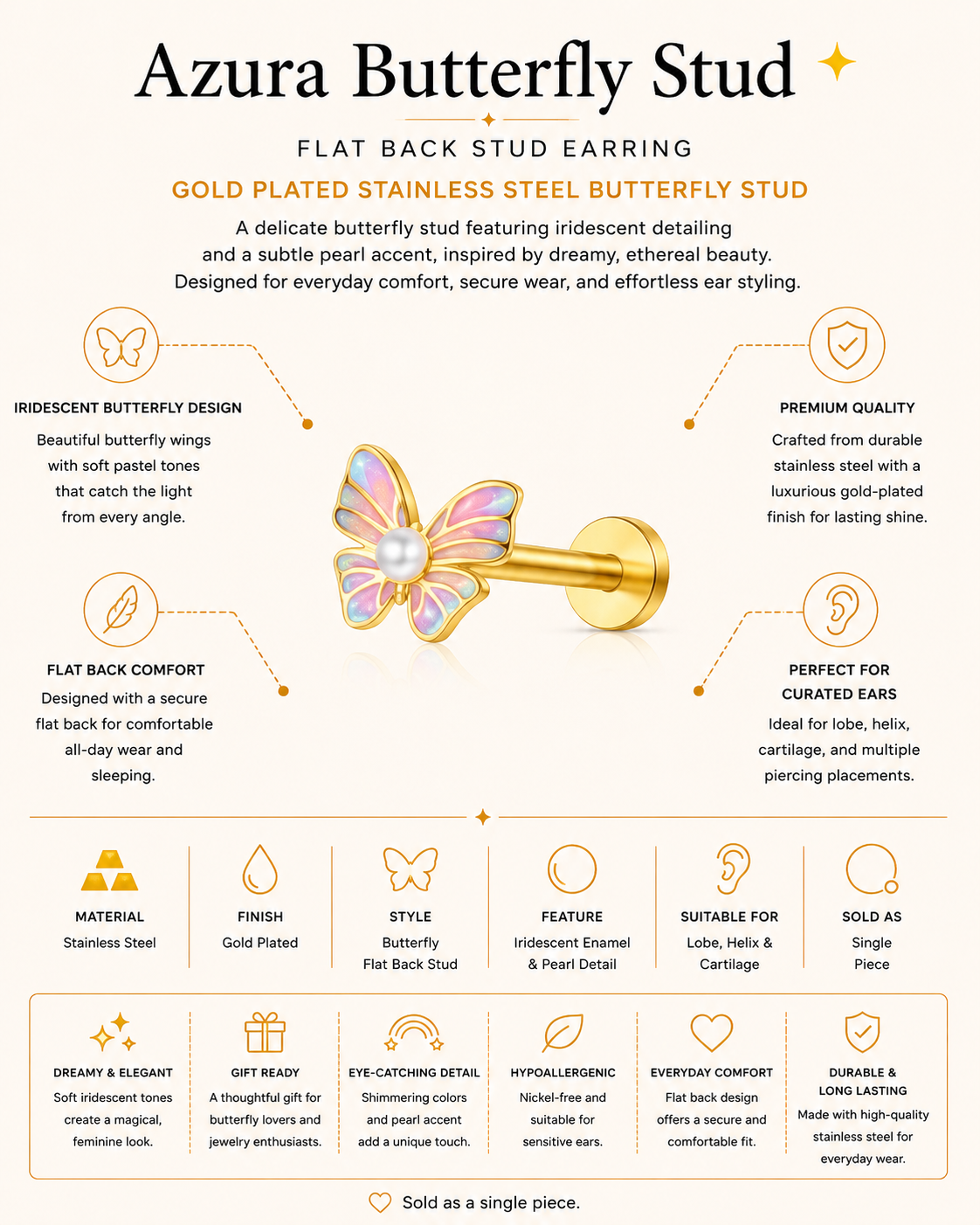 Gold Plated Stainless Steel Azura Butterfly Flat Back Stud Earring