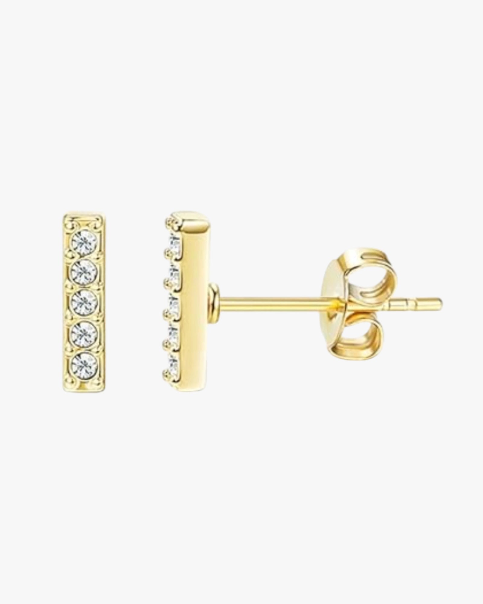 A pair of gold-colored stainless steel earrings with a diamond-accented hoop design.