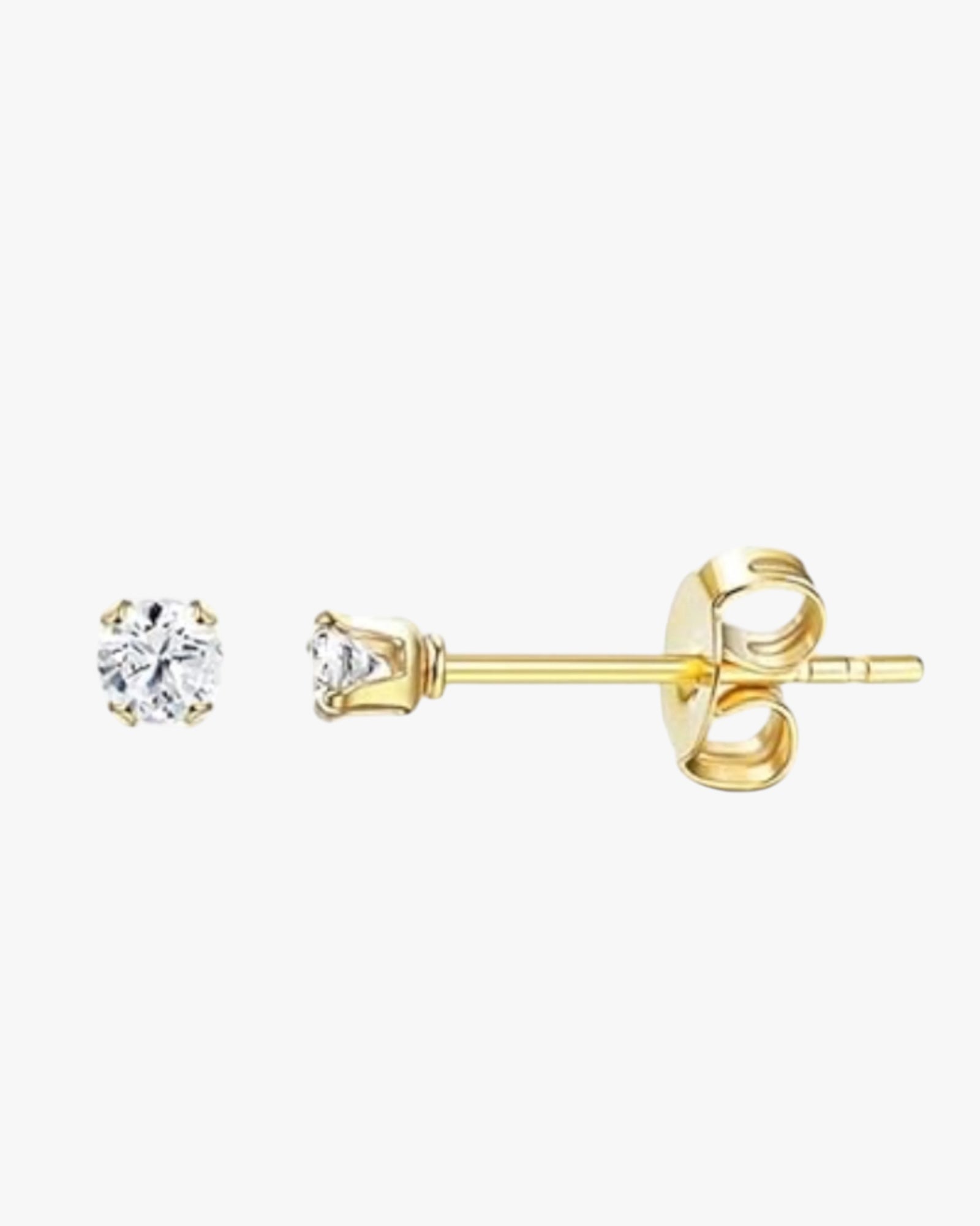 A pair of gold ball earrings with a 2mm diameter, one featuring a clear crystal embellishment.