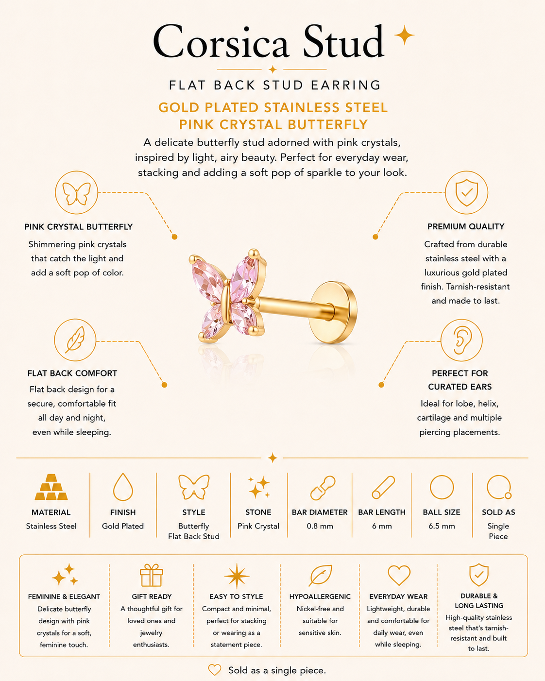 Corsica Stud – Pink Crystal Butterfly Flat Back Earring
