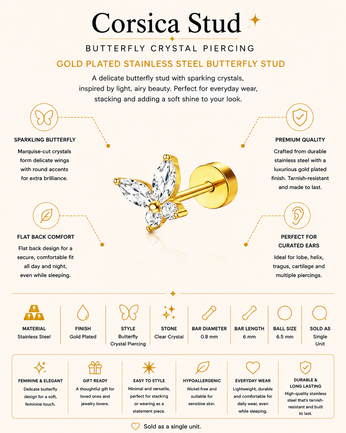 Corsica Stud – Butterfly Crystal Piercing