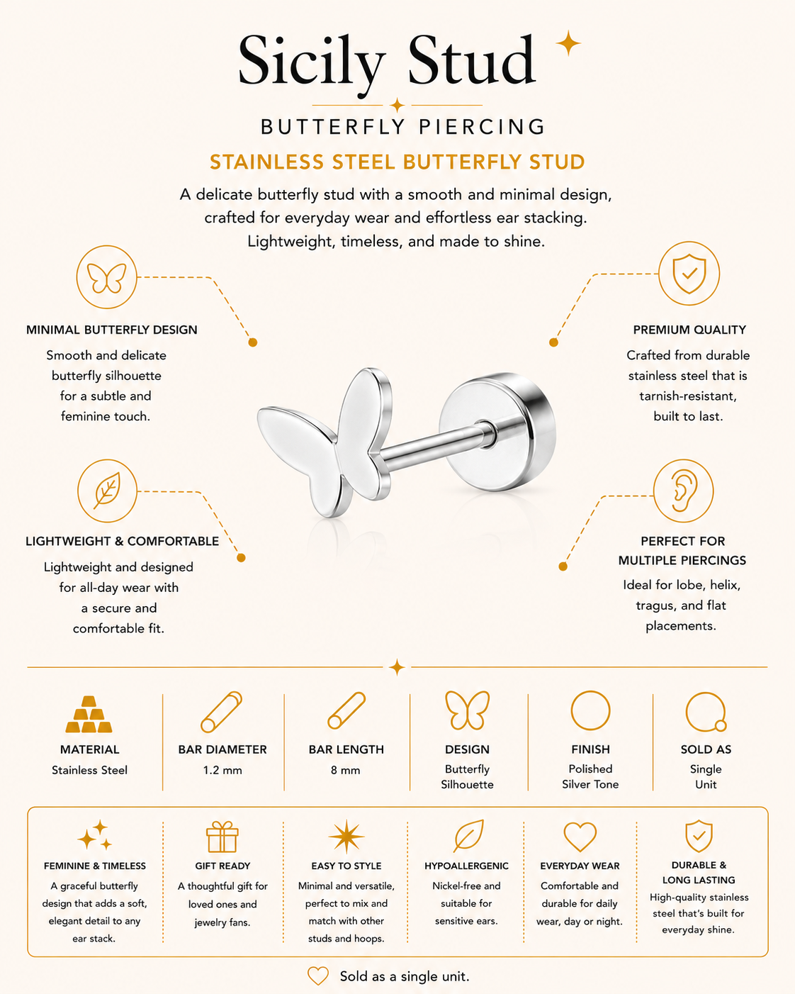 Sicily Stud – Butterfly Piercing