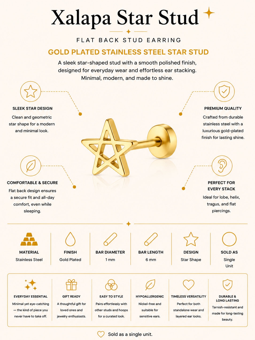 Gold Plated Stainless Steel Star Flat Back Stud Earring – Xalapa