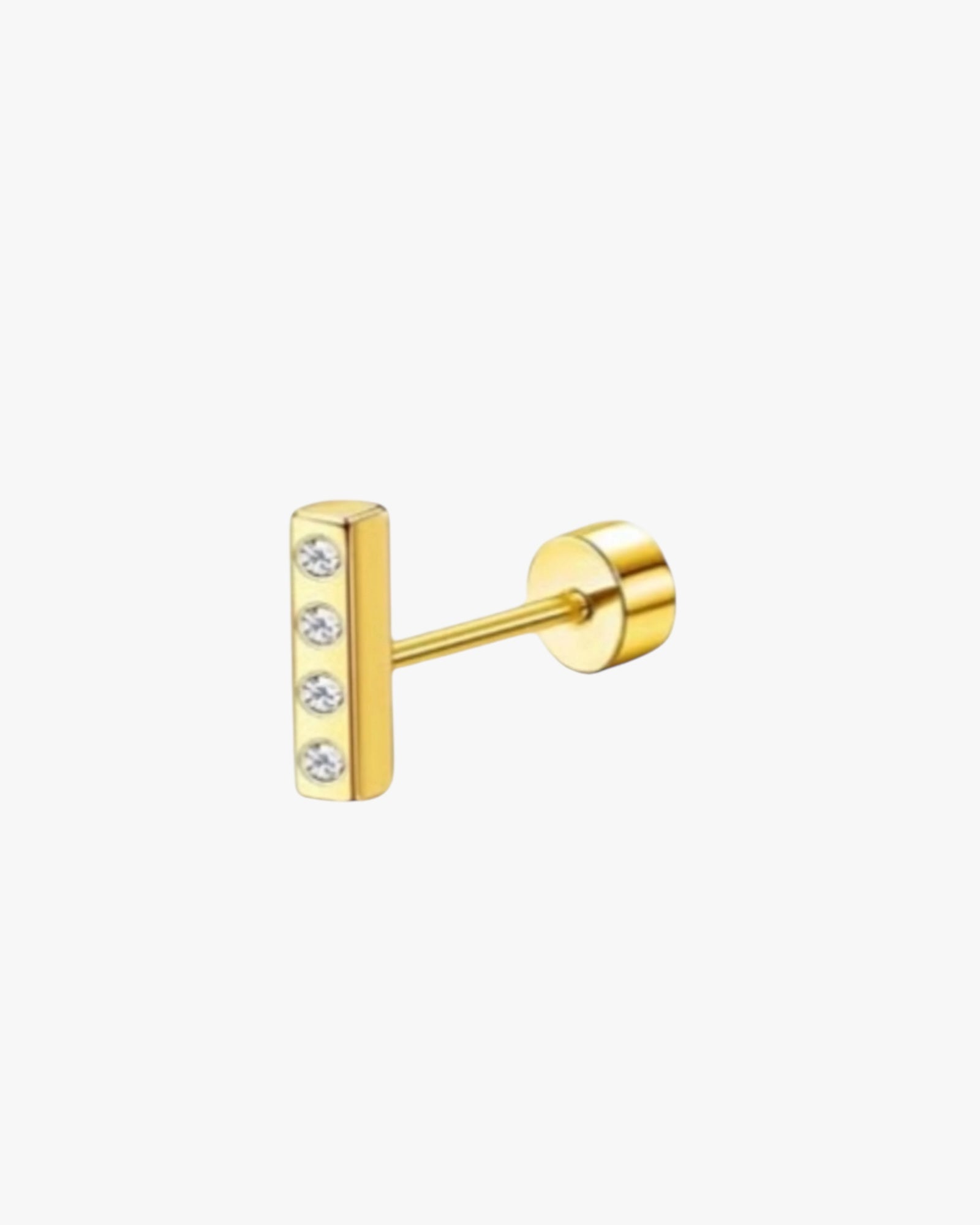 A single gold-colored stud earring with a clear, gold-colored band and a row of small, clear crystals on the front.