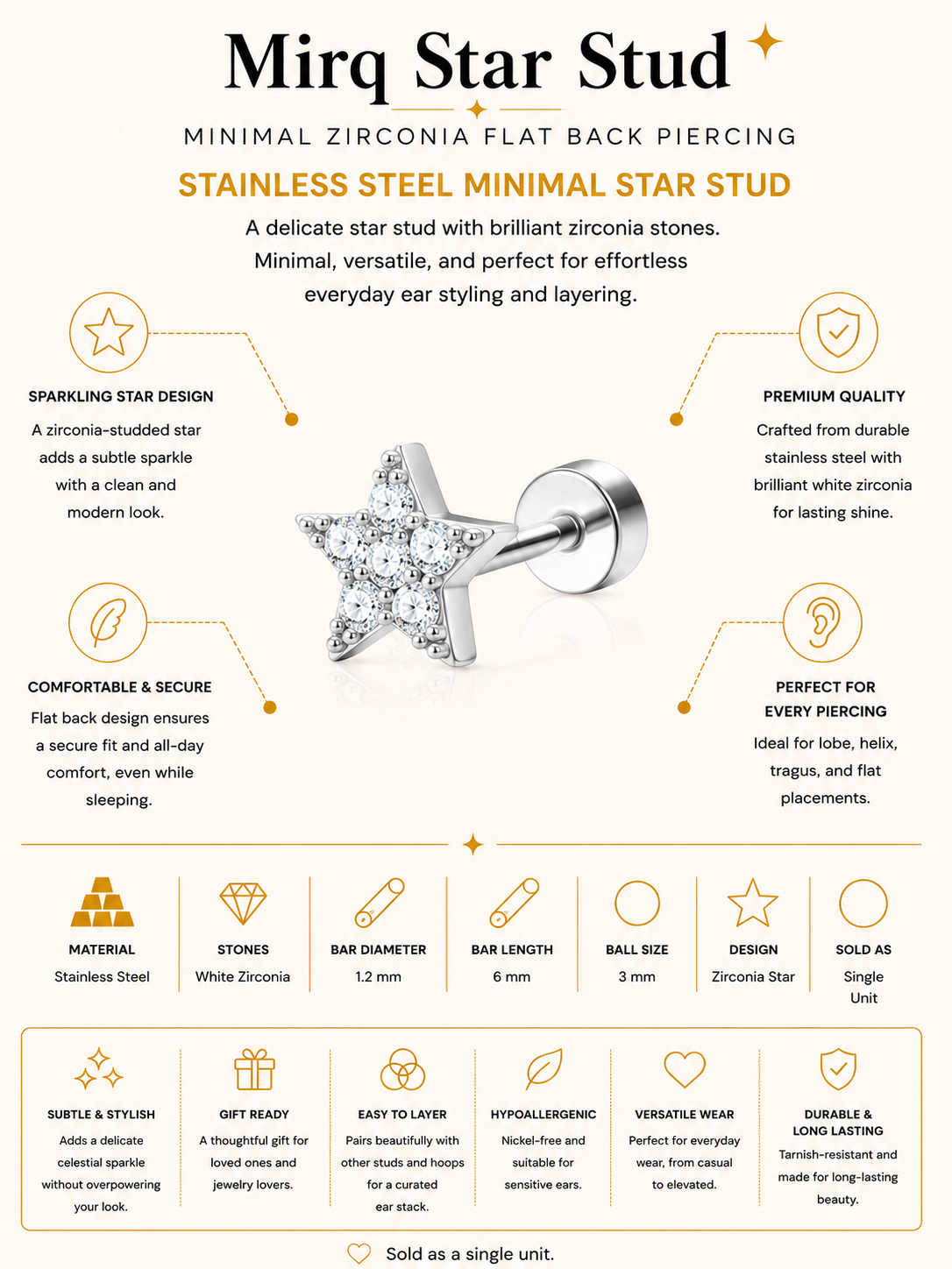 Mirq Star Stud – Minimal Zirconia Flat Back Piercing