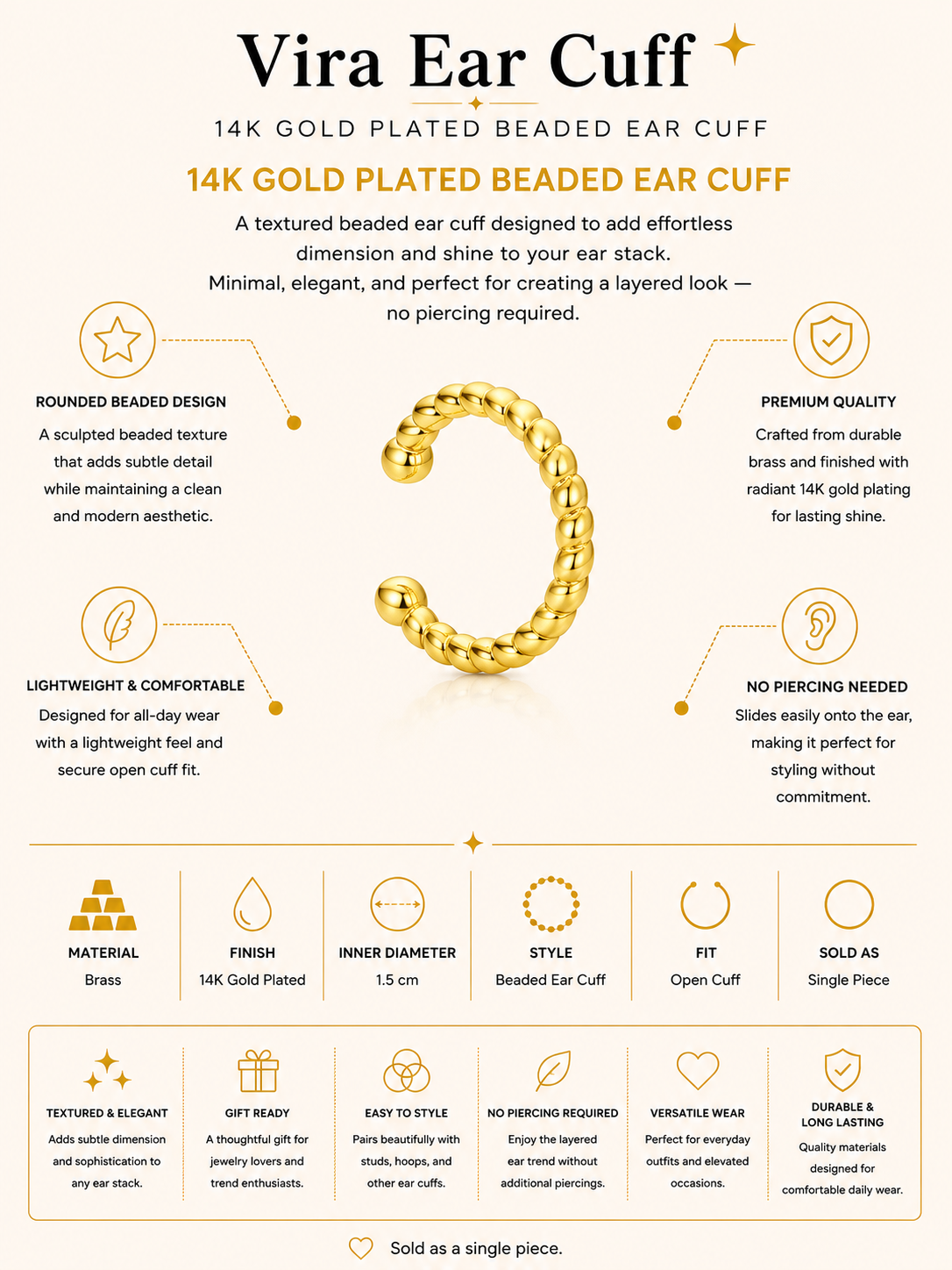14K Gold Plated Beaded Ear Cuff – Vira