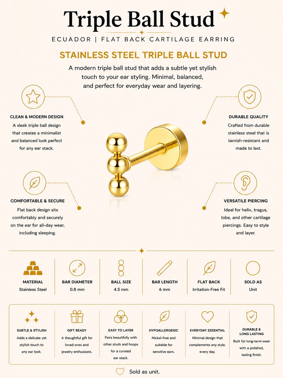 Triple Ball Stud Piercing – Ecuador | Flat Back Cartilage Earring