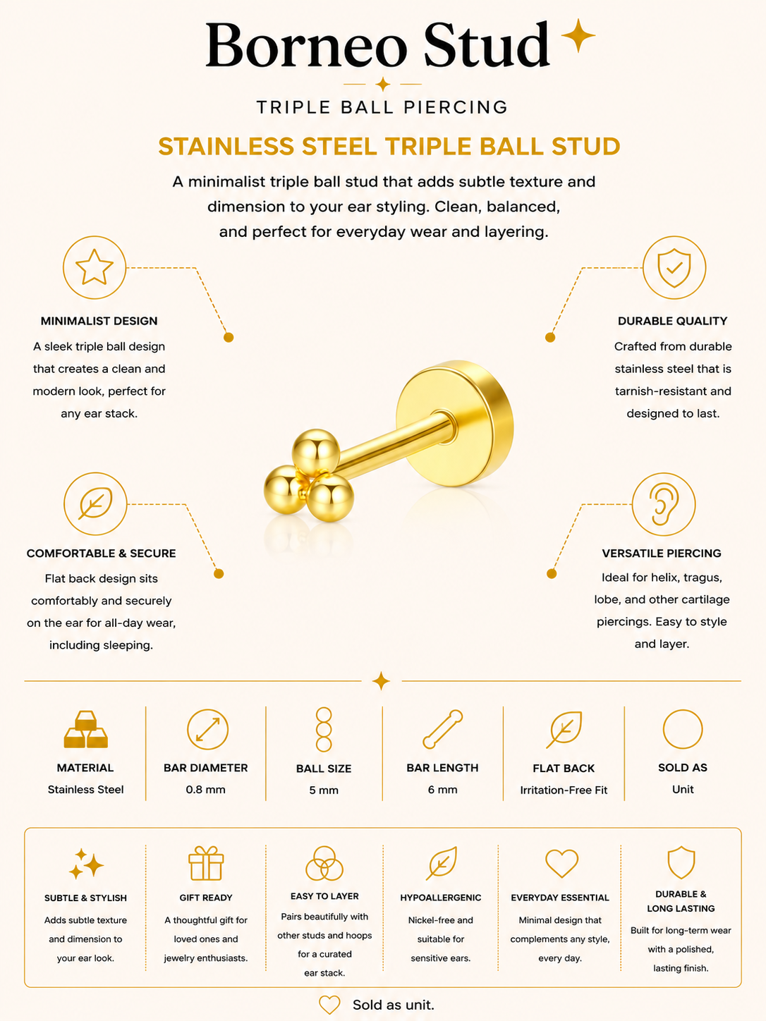 Borneo Stud – Triple Ball Piercing