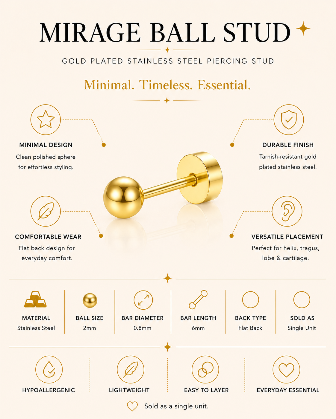 Ball Stud Piercing – Mirage | Minimal Flat Back Cartilage Earring