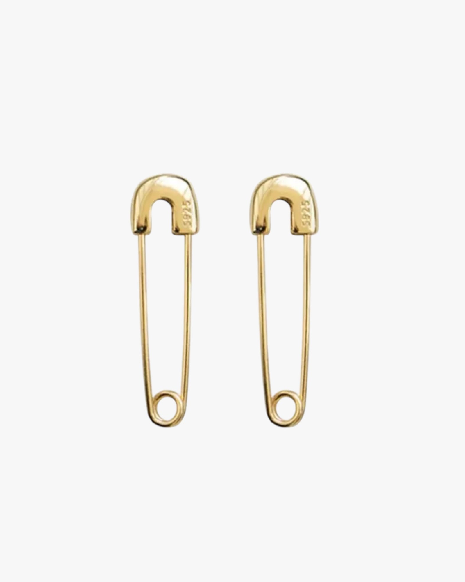 A pair of gold-colored safety pin earrings made of sterling silver.