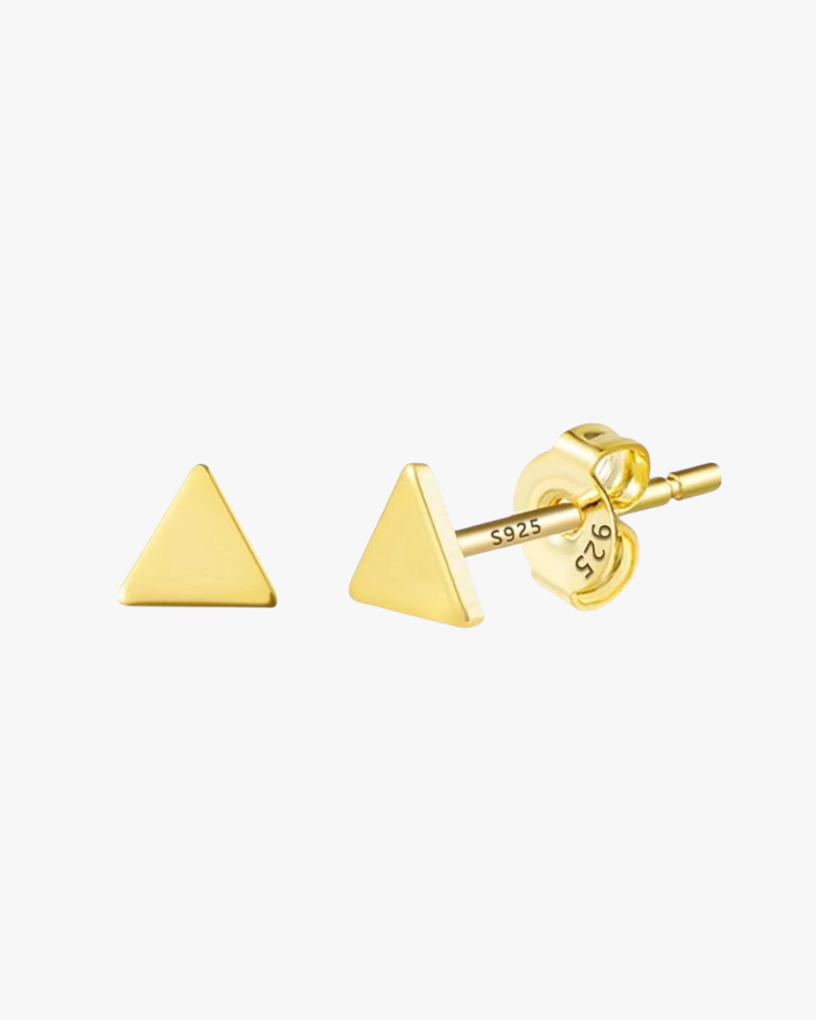 A pair of gold-plated brass earrings with a geometric triangular design and a single central gold-plated ring connecting them.