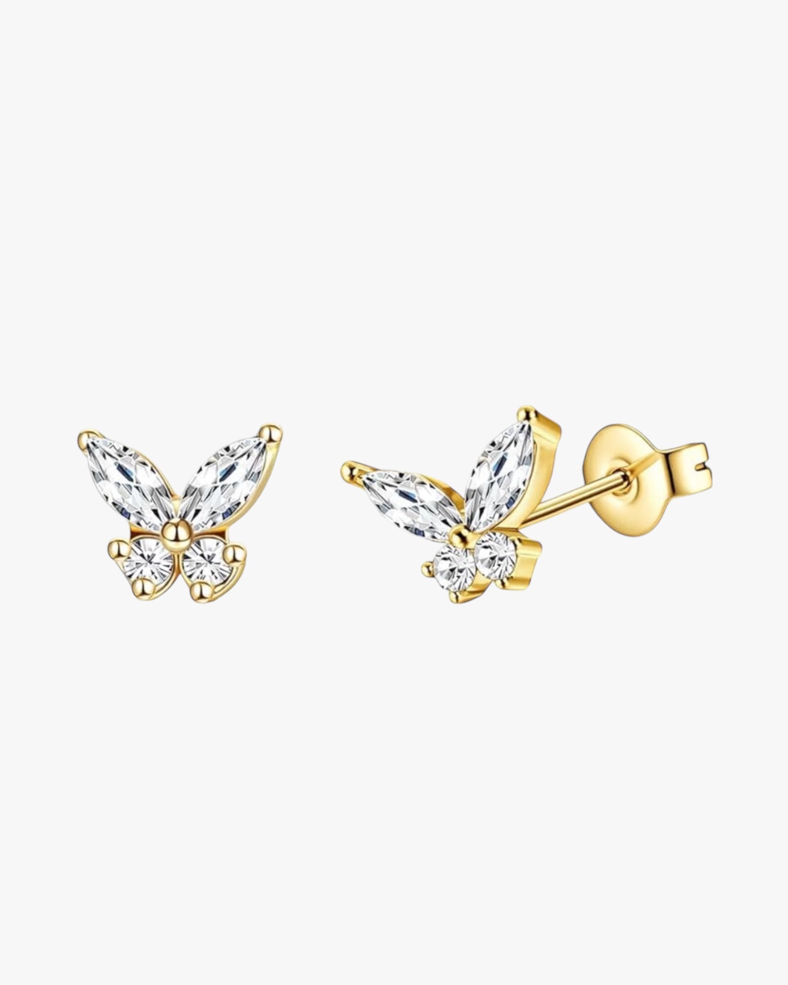 A pair of gold-colored earrings featuring a butterfly design with intricate detailing and small crystals.