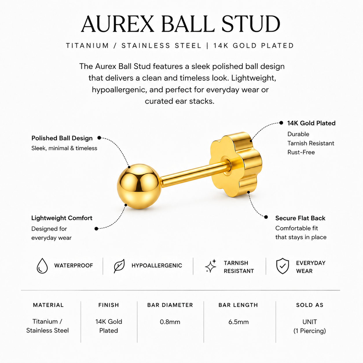 Titanium Ball Stud Piercing – Aurex | Flat Back Cartilage Earring