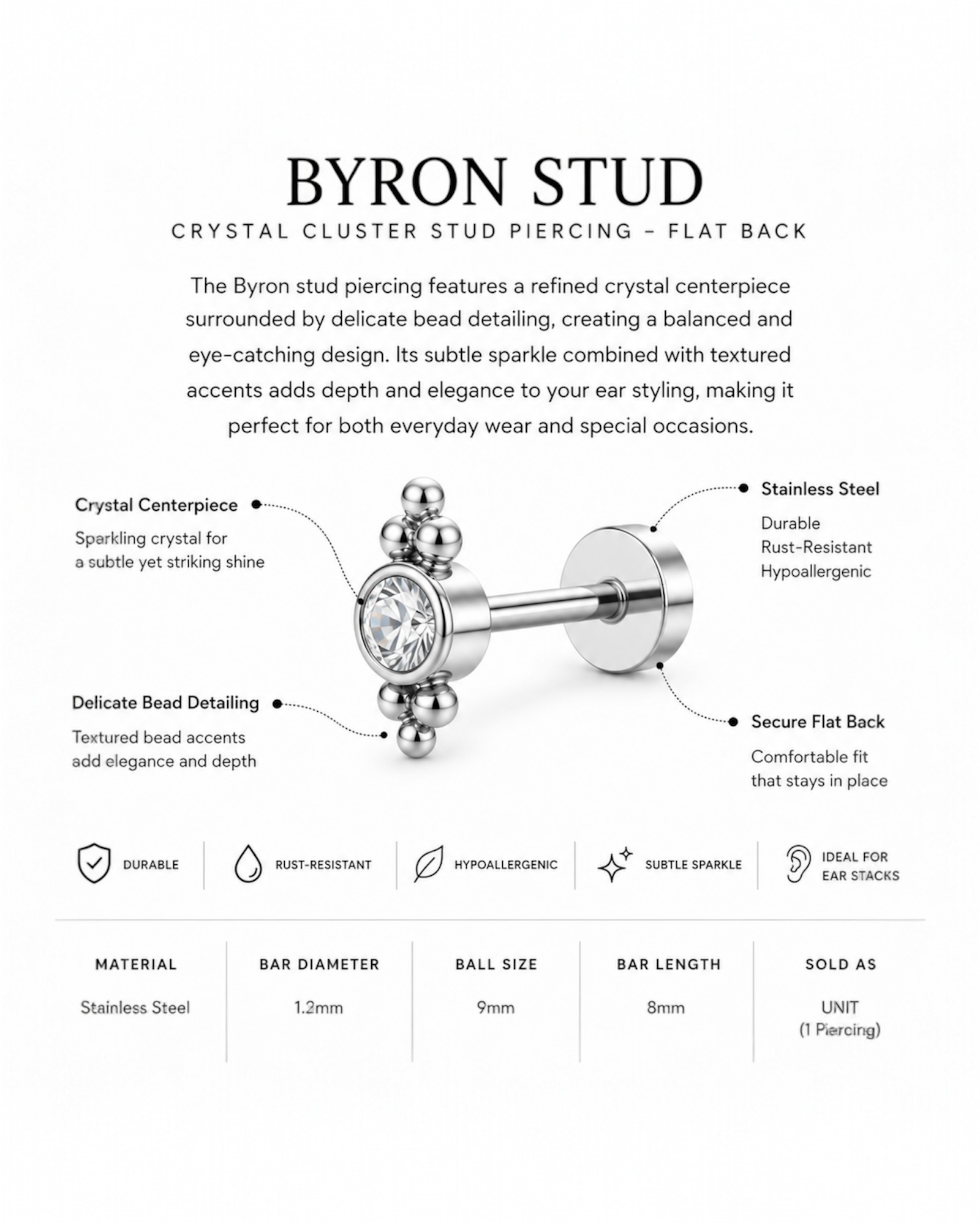 Crystal Cluster Stud Piercing – Byron | Flat Back Cartilage Earring