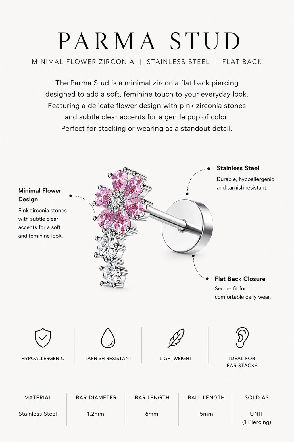 Parma Stud – Minimal Flower Zirconia Flat Back Piercing