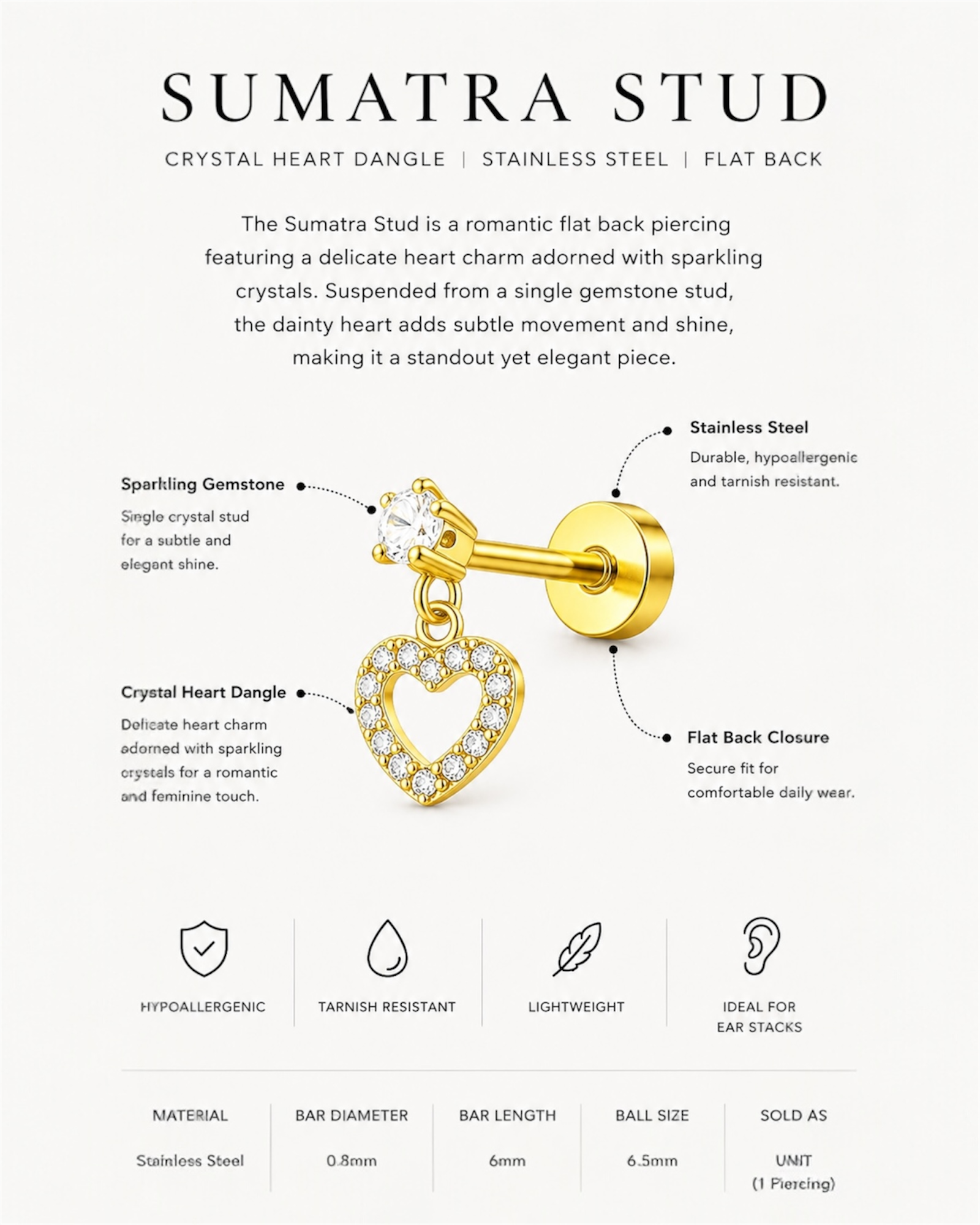 Sumatra Stud – Crystal Heart Dangle Flat Back Piercing