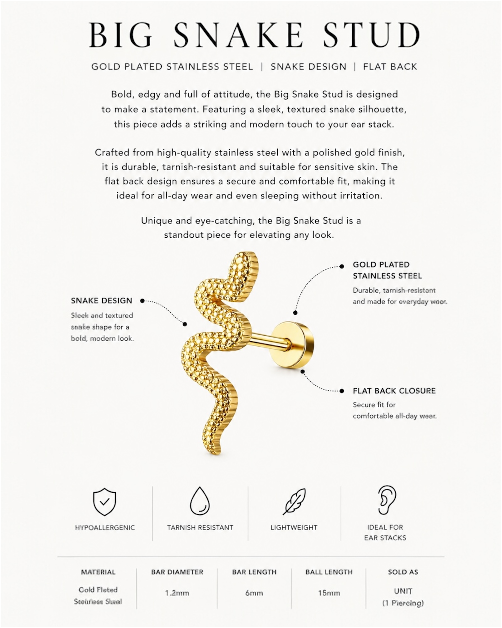 Big Snake Stud – Gold Plated Stainless Steel Snake Flat Back Earring