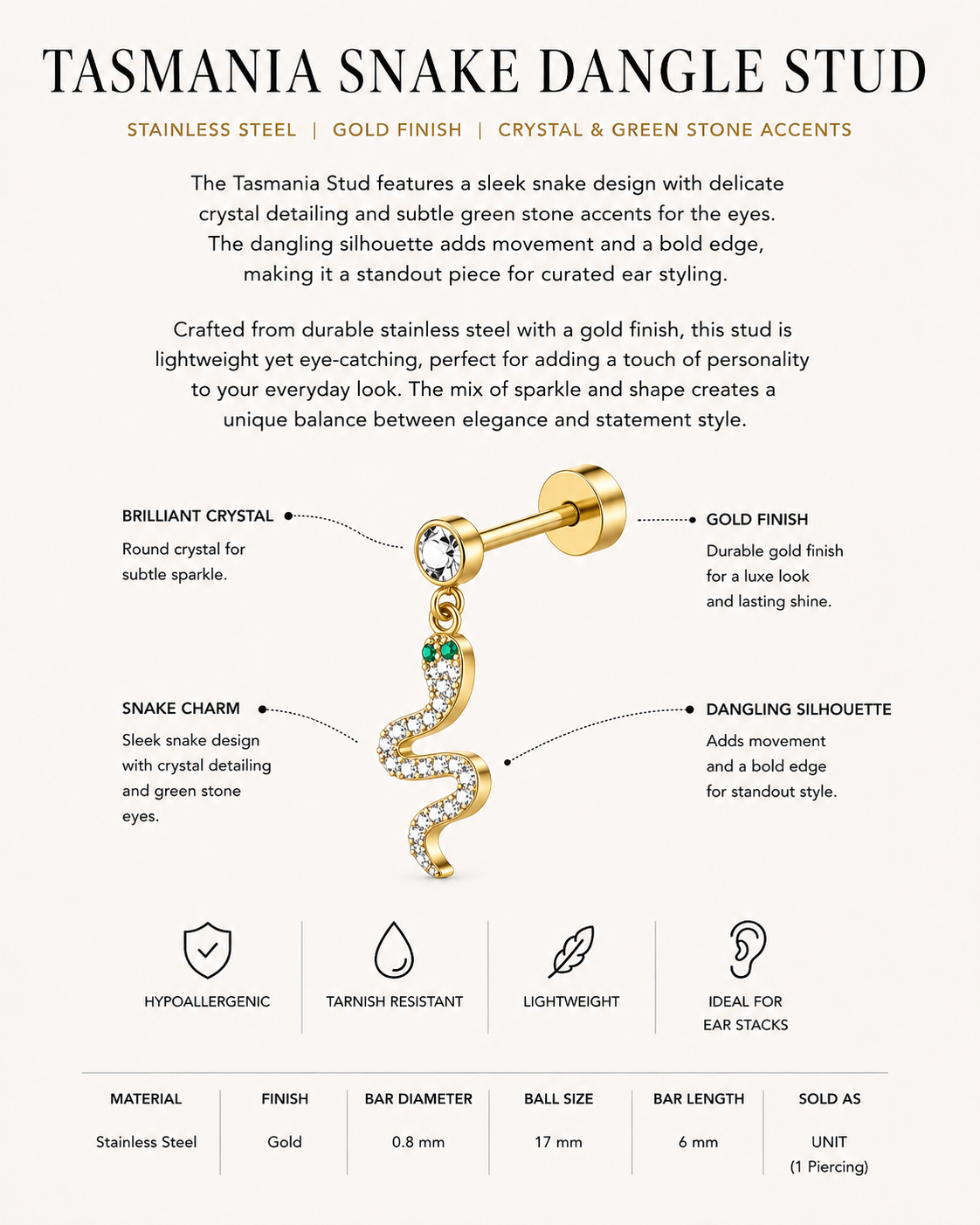 Gold Stainless Steel Snake Dangle Stud Earring – Tasmania