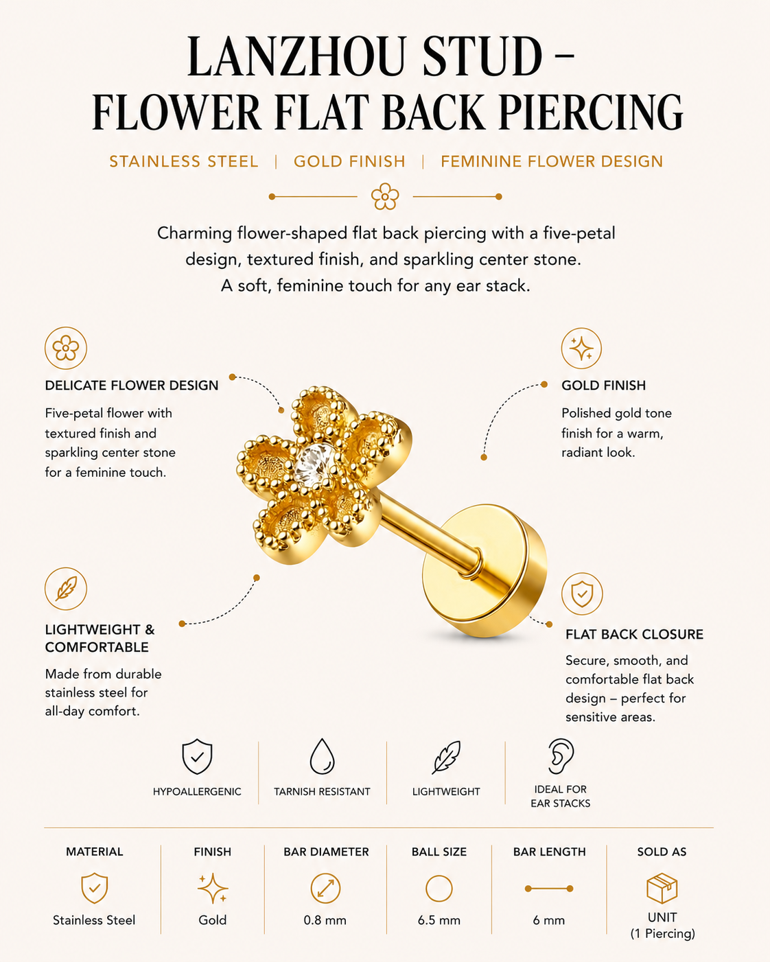 Lanzhou Stud – Flower Flat Back Piercing