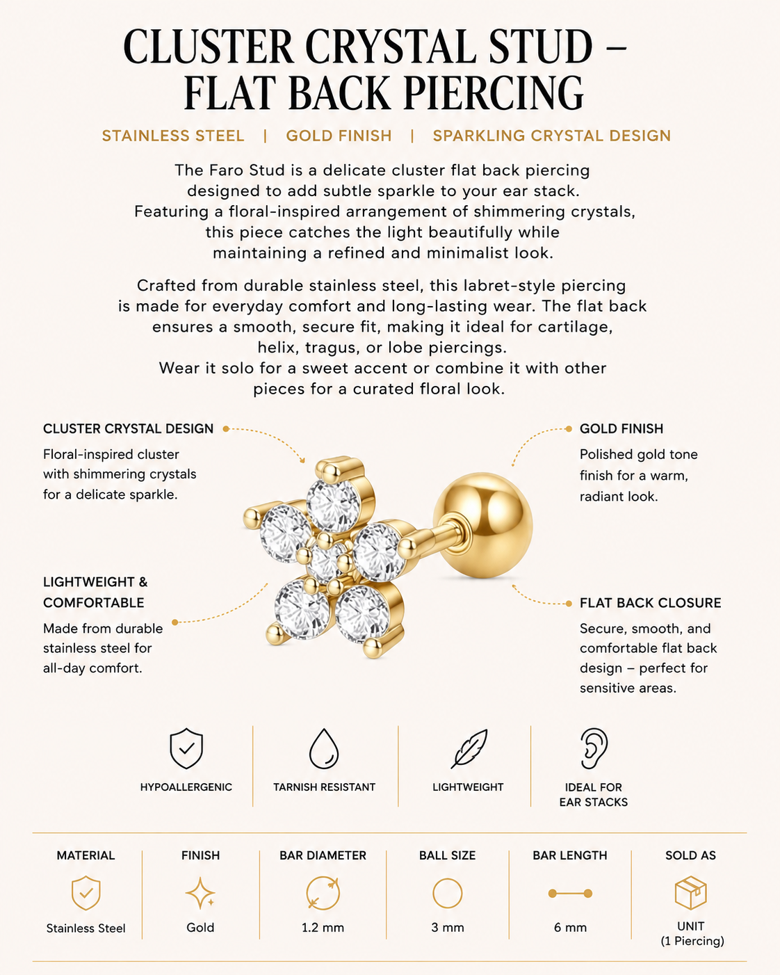 Faro Stud – Cluster Crystal Flat Back Piercing
