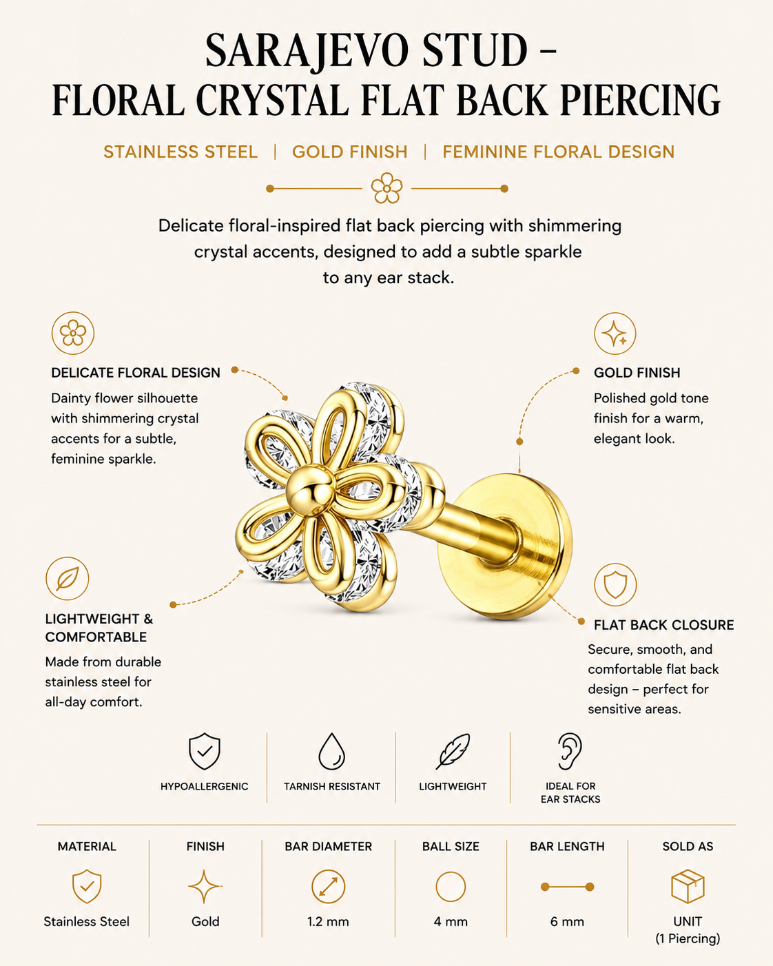 Sarajevo Stud – Floral Crystal Flat Back Piercing