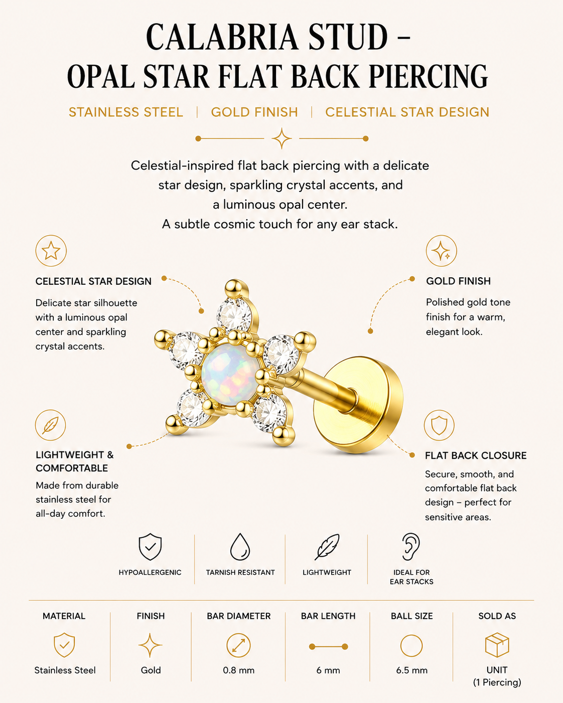 Calabria Stud – Opal Star Flat Back Piercing