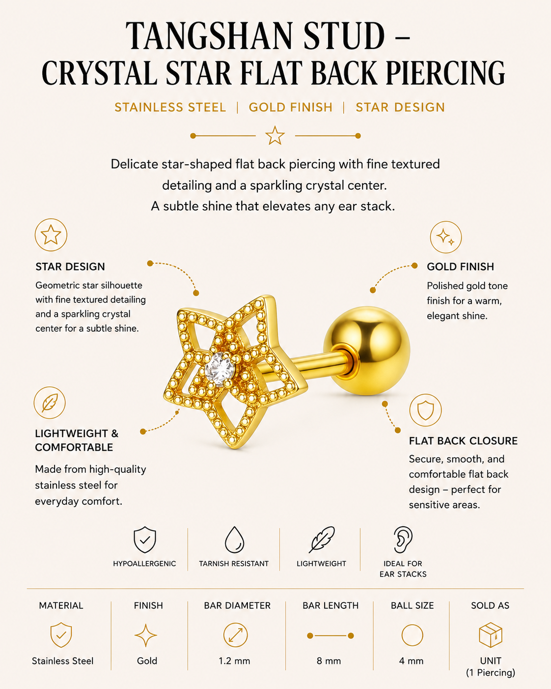Tangshan Stud – Crystal Star Flat Back Piercing