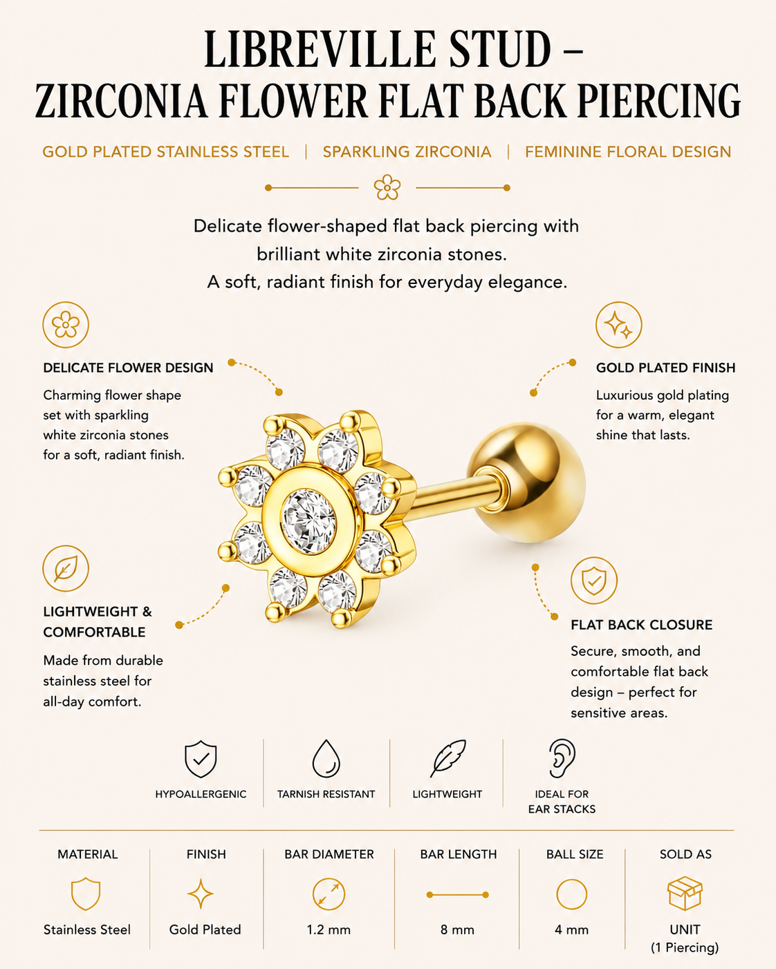 Gold Plated Stainless Steel Zirconia Flower Flat Back Stud Earring – Libreville