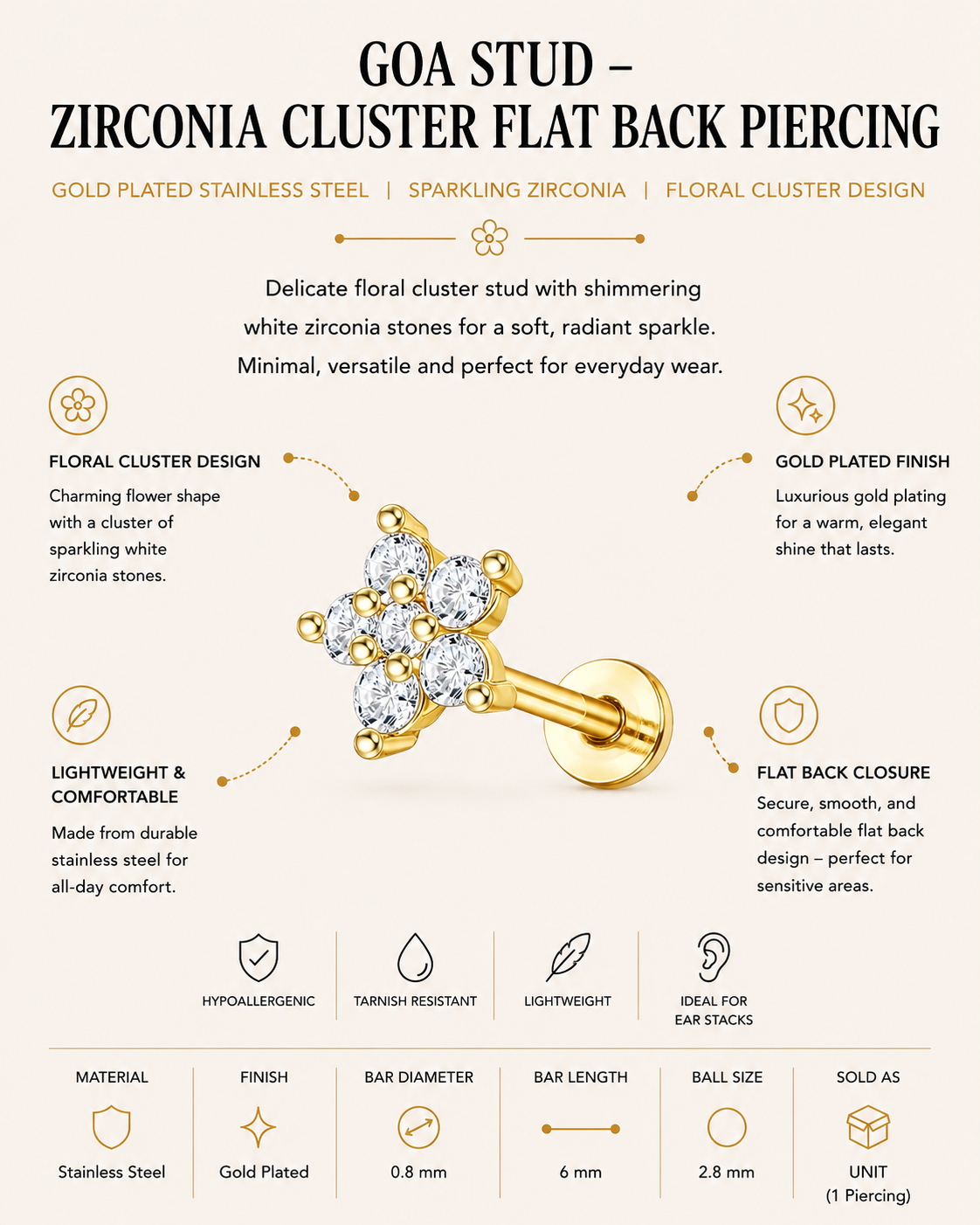 Gold Plated Stainless Steel Goa Zirconia Cluster Flat Back Stud Earring