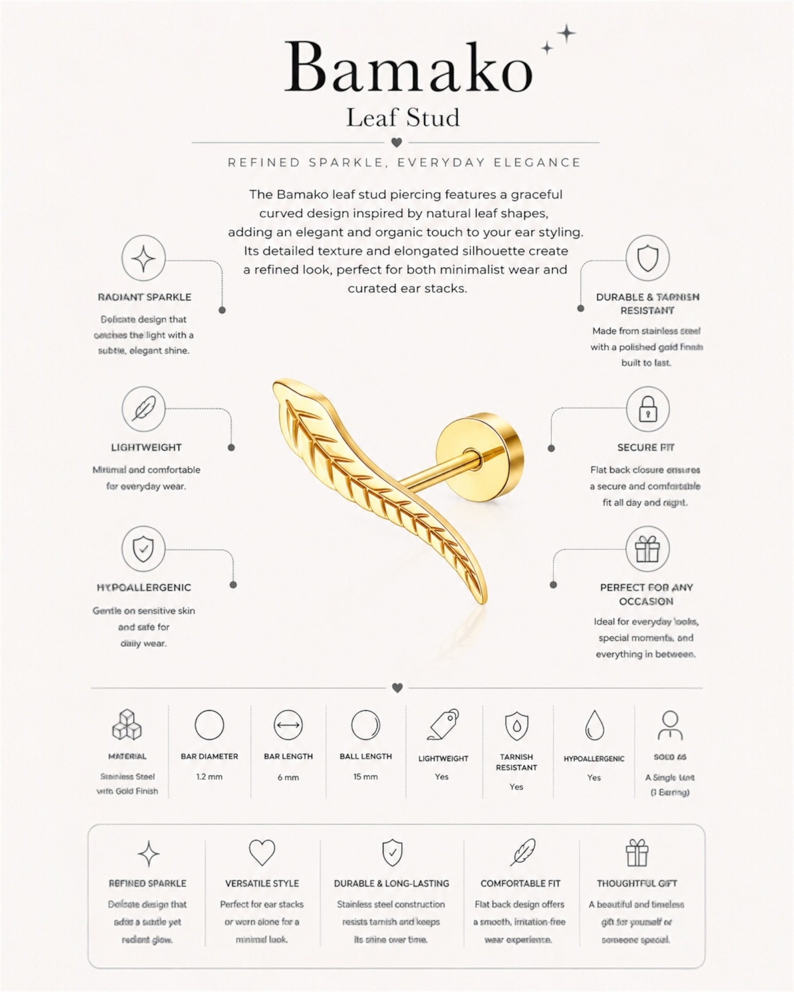 Leaf Stud Piercing – Bamako | Flat Back Cartilage Earring