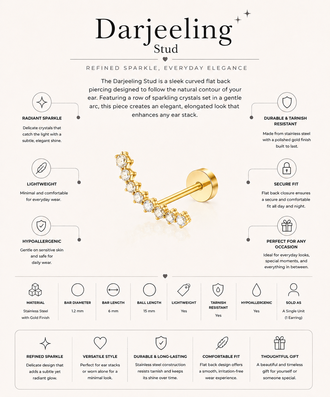 Darjeeling Stud – Curved Crystal Flat Back Piercing
