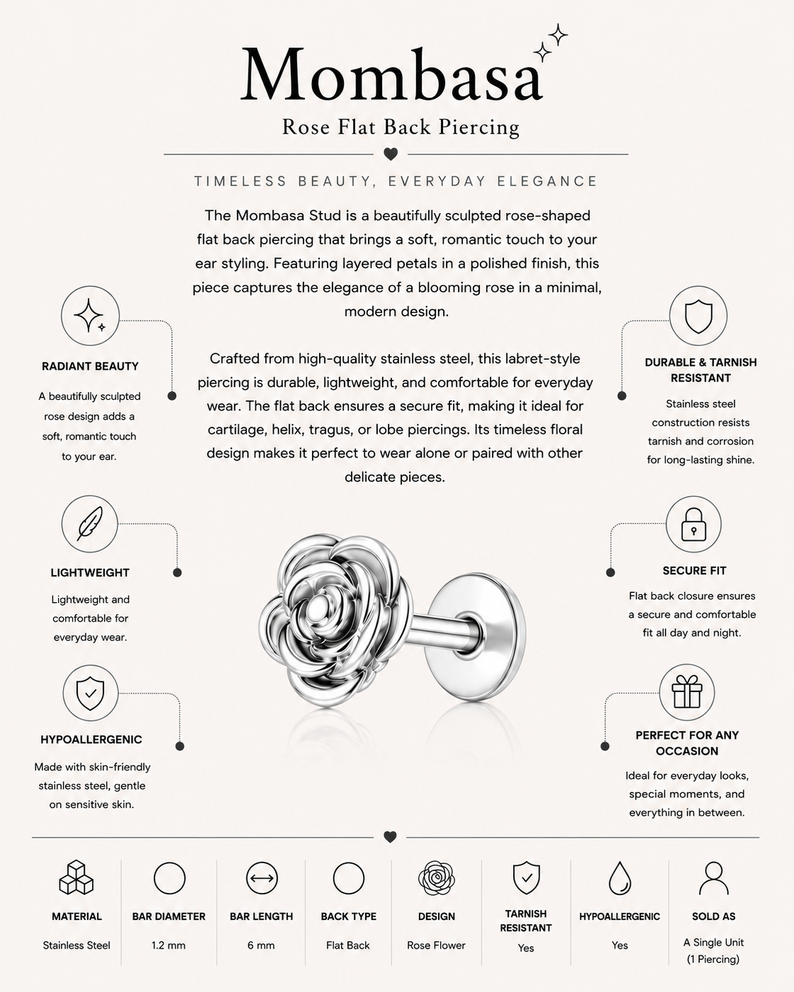 Mombasa Stud – Rose Flat Back Piercing