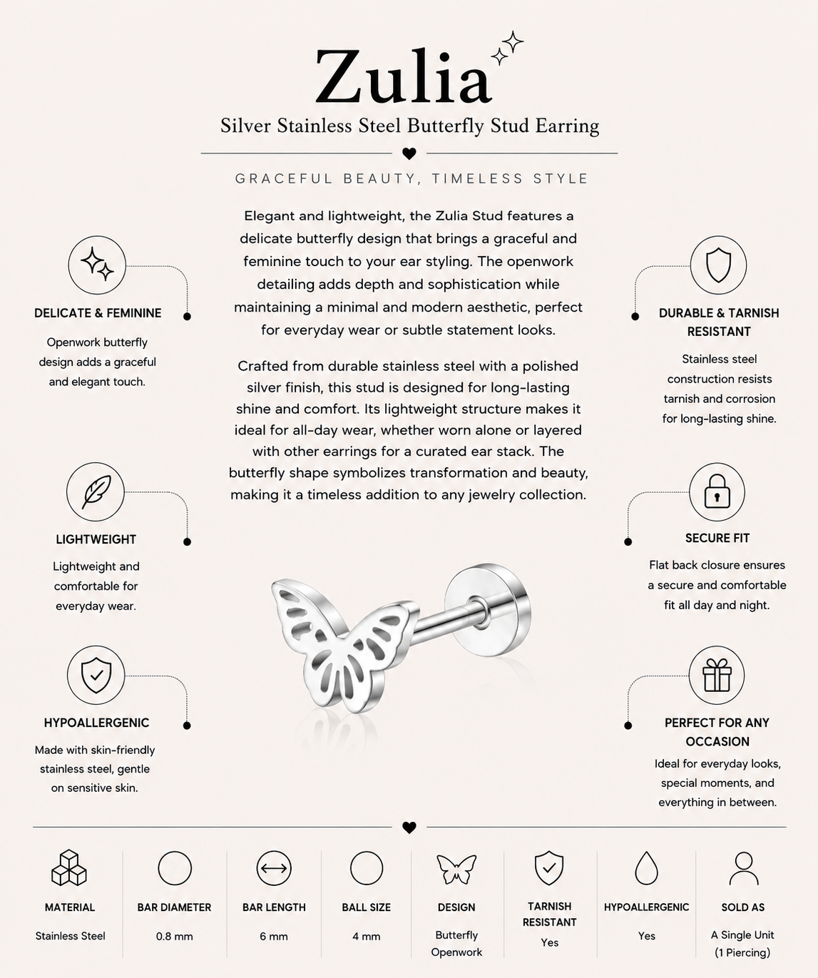 Silver Stainless Steel Butterfly Stud Earring – Zulia