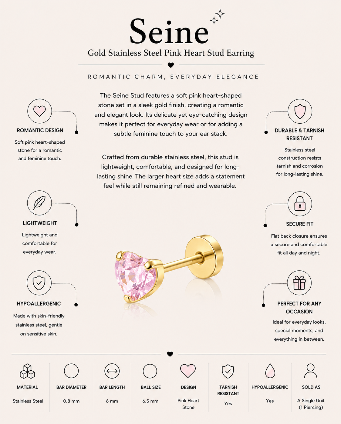 Gold Stainless Steel Pink Heart Stud Earring – Seine