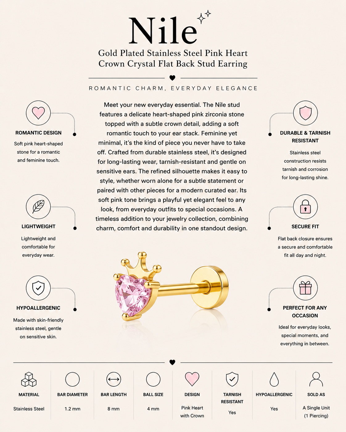 Gold Plated Stainless Steel Pink Heart Crown Crystal Flat Back Stud Earring – Nile