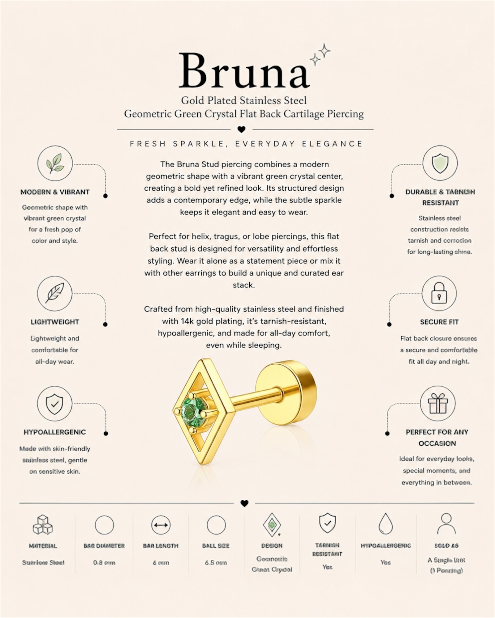 Bruna Stud – Geometric Green Crystal Flat Back Cartilage Piercing