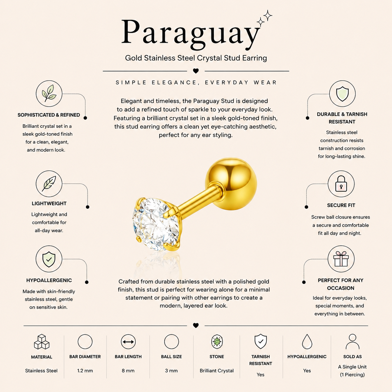 Gold Stainless Steel Crystal Stud Earring – Paraguay