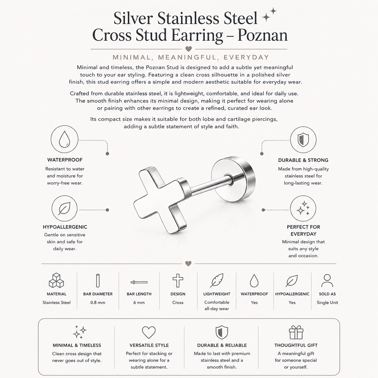 Silver Stainless Steel Cross Stud Earring – Poznan