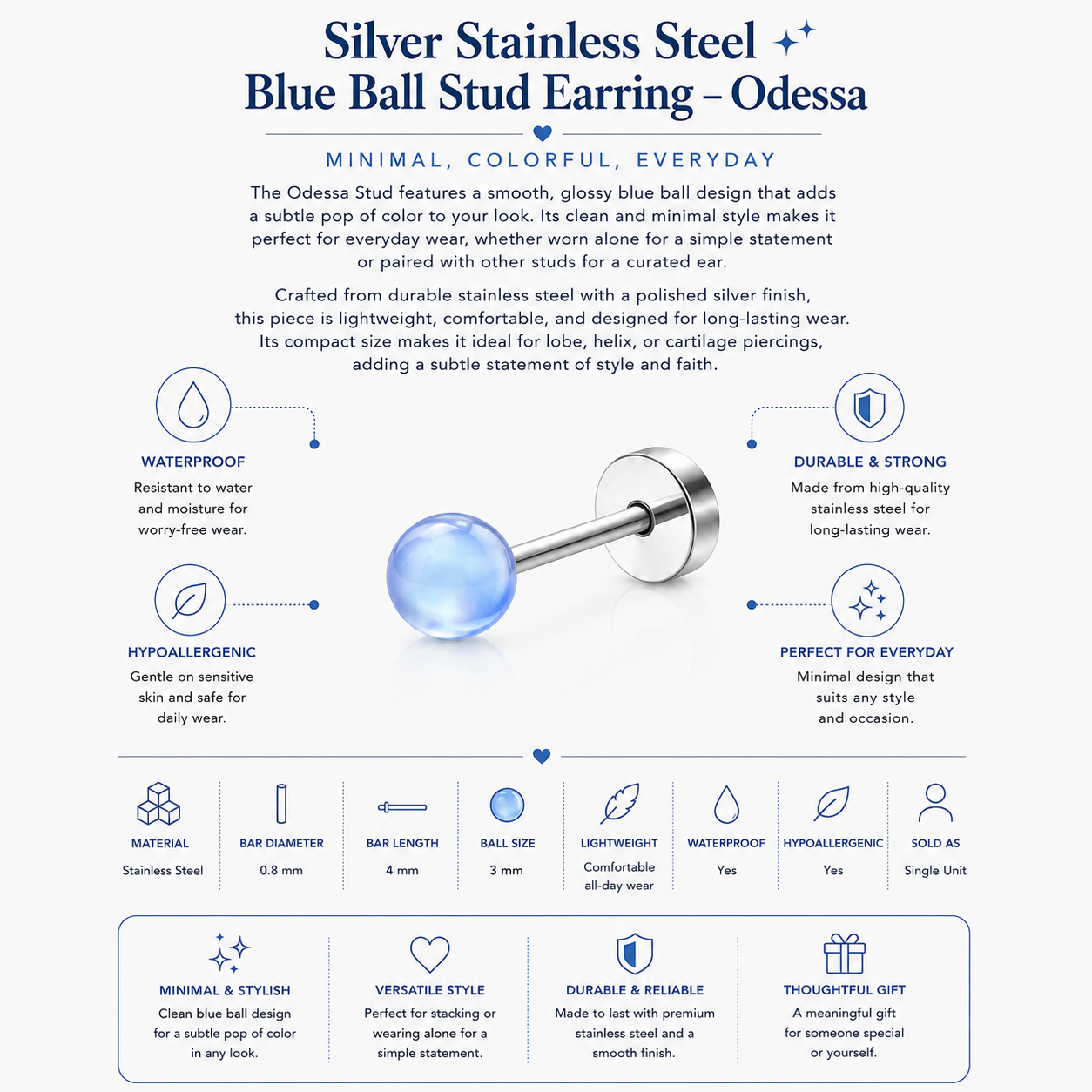 Silver Stainless Steel Blue Ball Stud Earring – Odessa