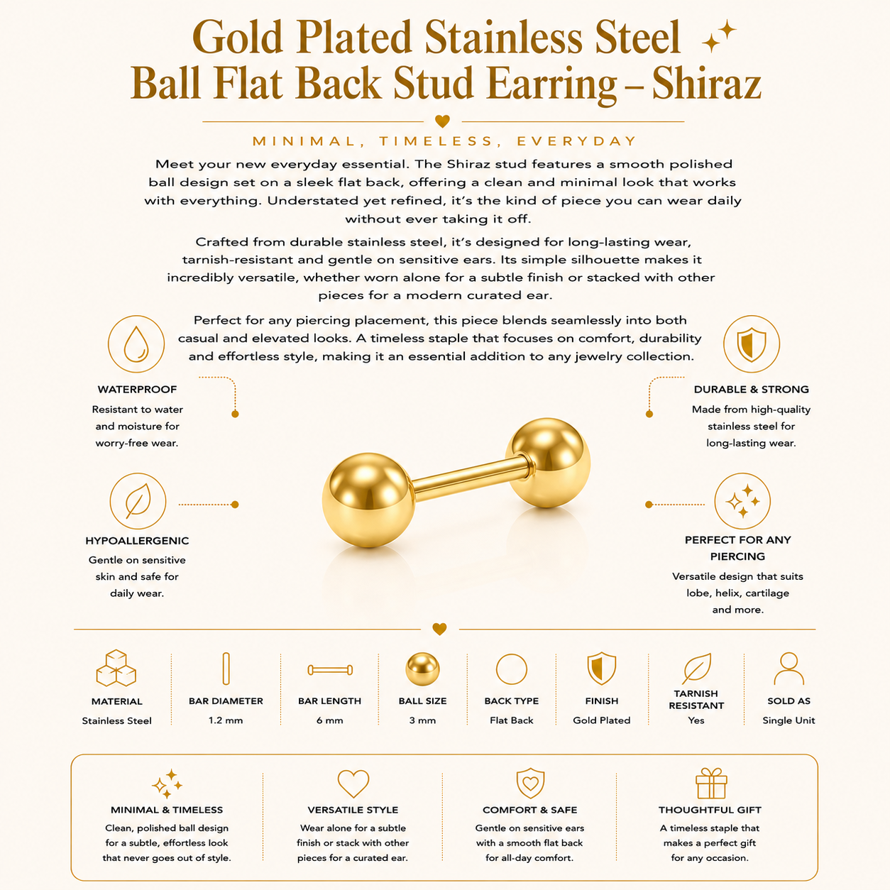 Gold Plated Stainless Steel Ball Flat Back Stud Earring – Shiraz