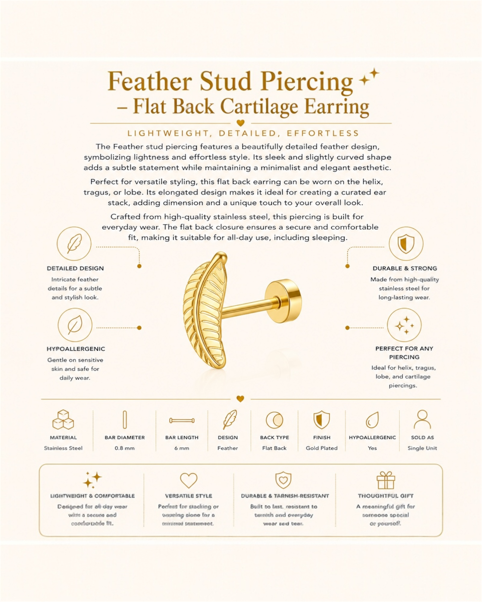 Feather Stud Piercing – Flat Back Cartilage Earring