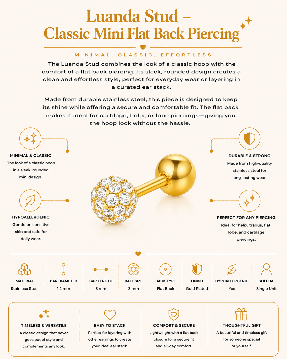 Luanda Stud – Classic Mini Flat Back Piercing