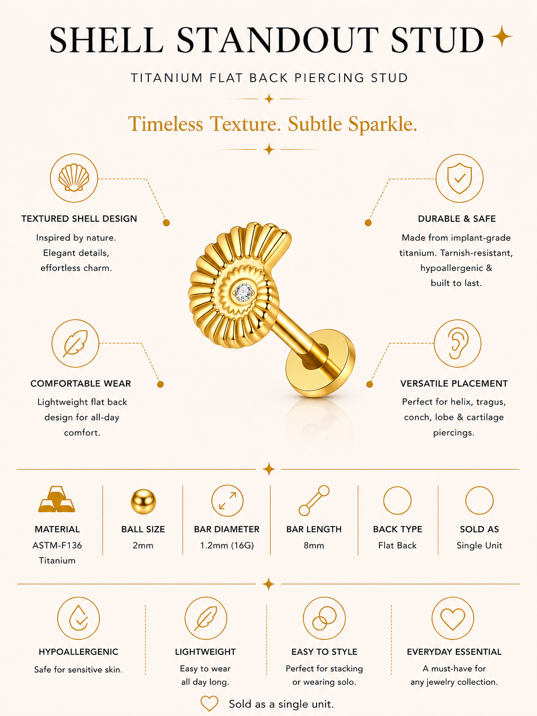 Titanium Zircon Piercing – Sea Shell | Flat Back Cartilage Earring